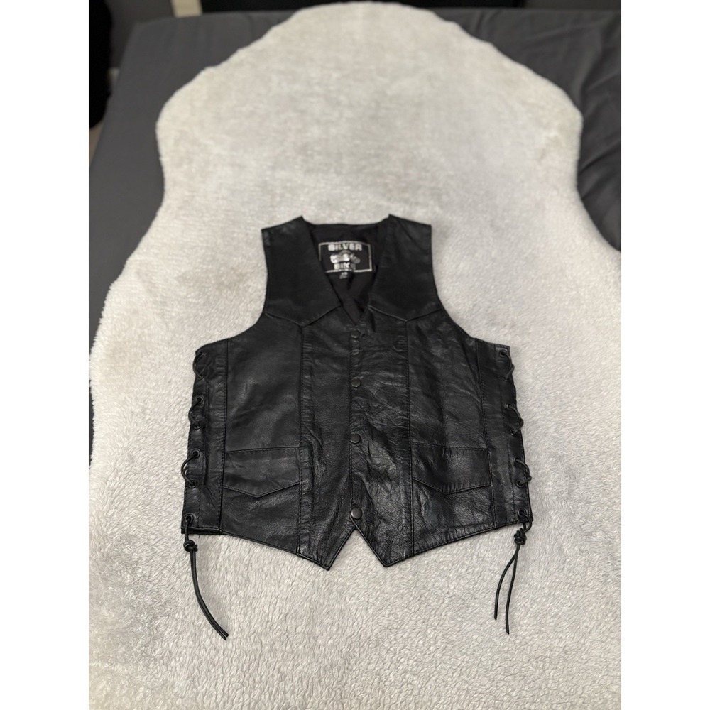 Vintage Silver Bike Black Leather Motorcycle Biker Vest Size XS